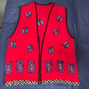Red hand-painted silk vest by fiber artist Mary McFarland